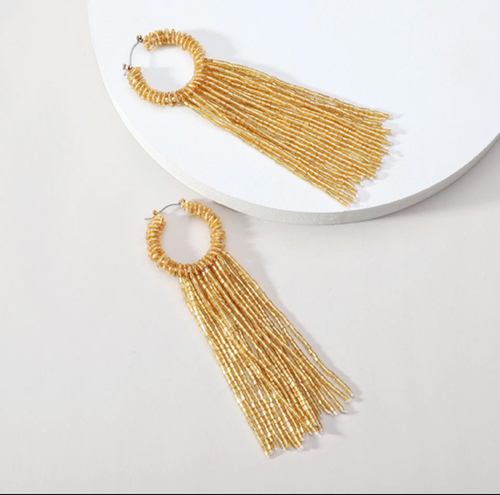 Pendientes argolla largos de cuentas azul y dorado