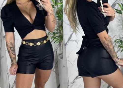 Short couro fake com ziper