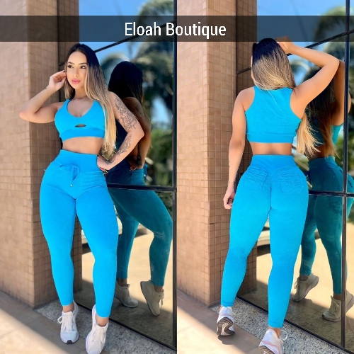Conjunto jacquard calça com bolso empina bumbum e top com detalhe frontal