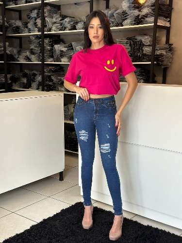 Calça jeans c/ Lycra desfiado