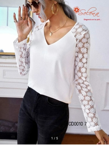 BLUSA MANGA LARGA DE ENCAJES  BLANCA BCD00107