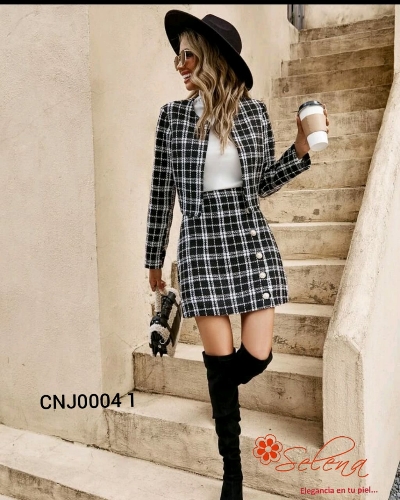 CONJUNTO DE DAMA  CHAQUETA MINI FALDA/CUADROS BLANCO/NEGRO CNJ00041