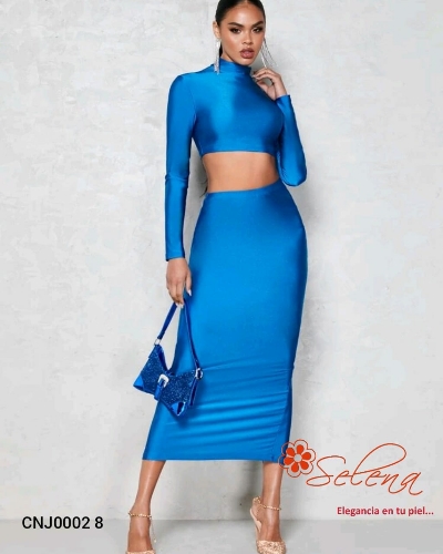 CONJUNTO DE DAMA CONJUNTO DE FALDA LARGA /TOP MANGA LARGA LICRADO AZUL/CLARO  CNJ00028