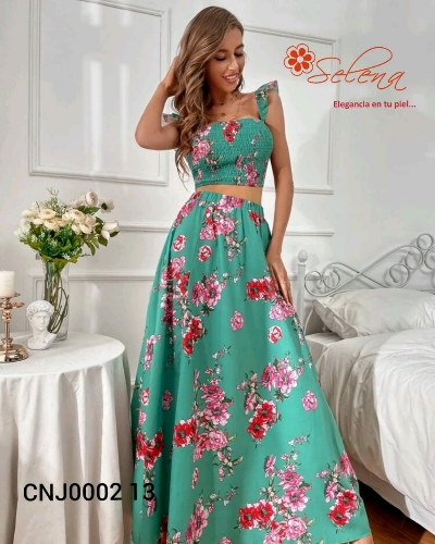 CONJUNTO DE DAMA VERDE/ESTAMPADO FLORES/TOP Y FALDA CNJ000213