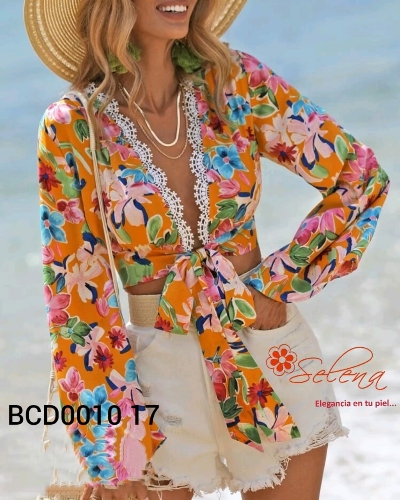 BLUSA MANGA LARGA ESTAMPADO FLORES/ENCAJE/BORDEBCD001017