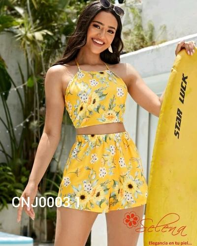 CONJUNTO DE DAMA PIEZAS SHORT ESTAMPADO AMARILLO  CNJ00031