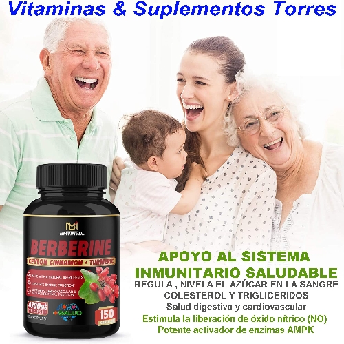 Berberine HCI + Canela Ceylan  +  Turmeric Cúrcuma + Milk Thistle + Hoja de Alcachofa + Pimienta Negra / Frasco de 150 Cápsulas para 5 Meses