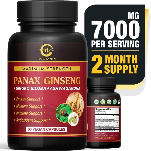 Ginseng 5000mg + Ginkgo Biloba 1000mg + Ashwagandha 1000mg Frasco de 60 Cápsulas