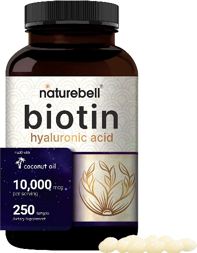 Biotin 10,000mcg + Ácido Hialurónico 25mg + Aceite de Coco Frasco de 250 Cápsulas